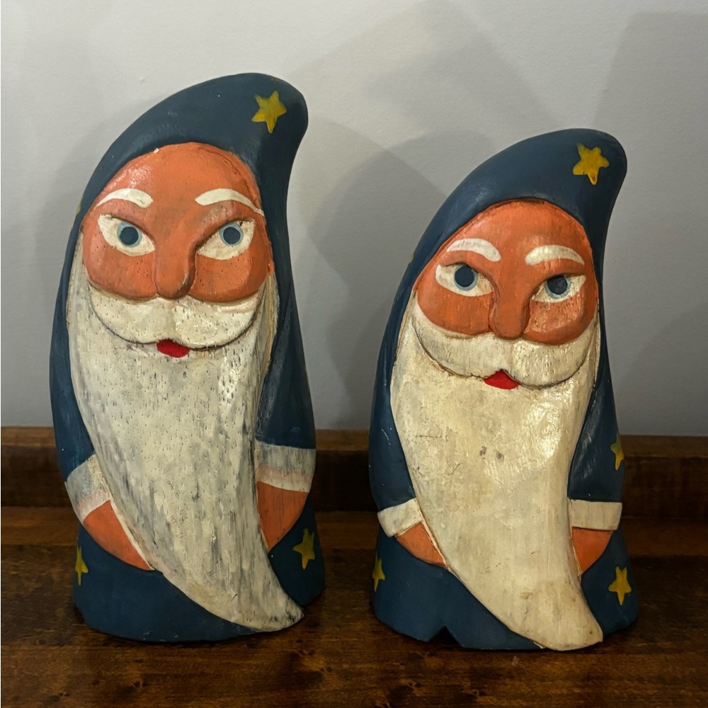 Santa Set of 2 Handcarved and Painted Blue Moon and Stars